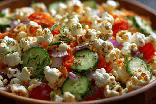 Crunchy and Creamy Popcorn Salad with Fresh Vegetables and Tangy Dressing
