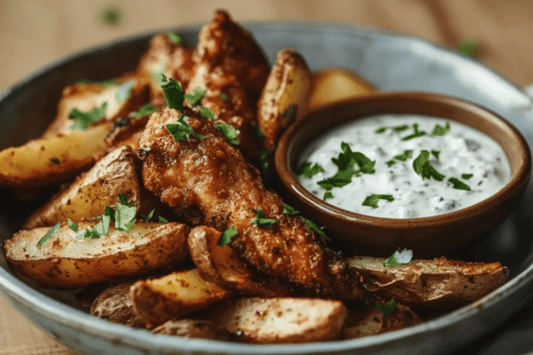 Хрустящая печь запеченная курица с пряными клиньями и чесночным йогуртом