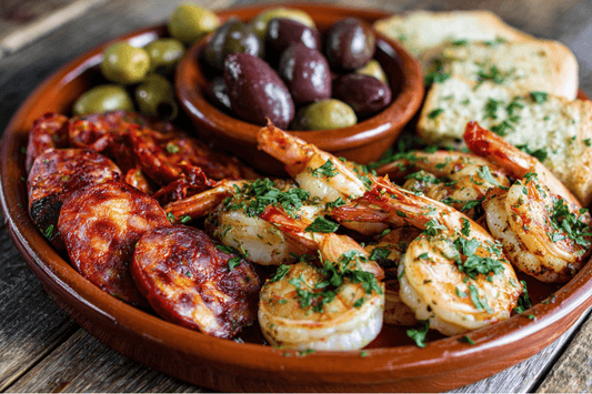 Authentic Spanish Tapas Platter with Chorizo, Olives, and Garlic Shrimp