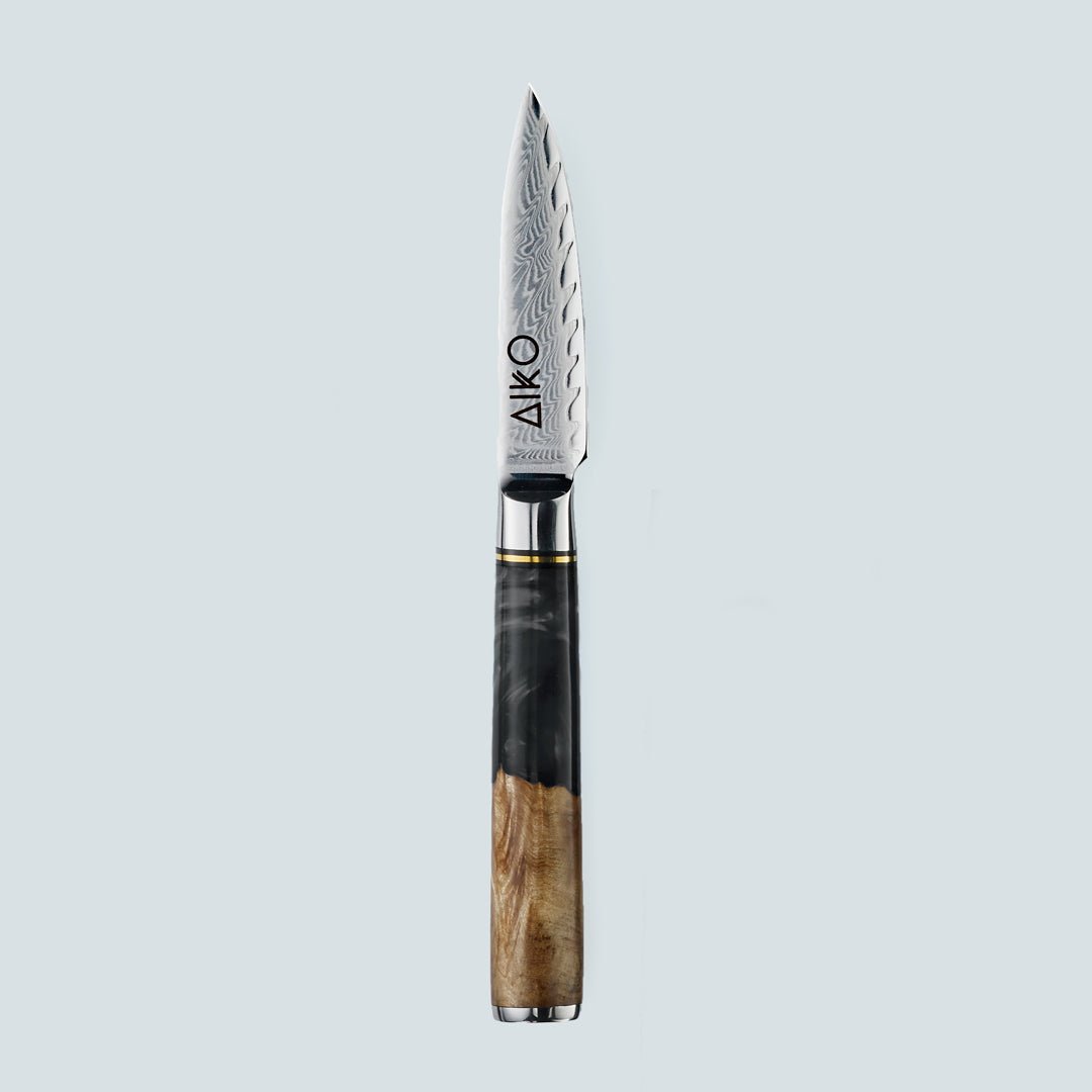 Aiko Black (あいこ, アイコ) Стальный нож Damascus с цветной черной ручкой смолы