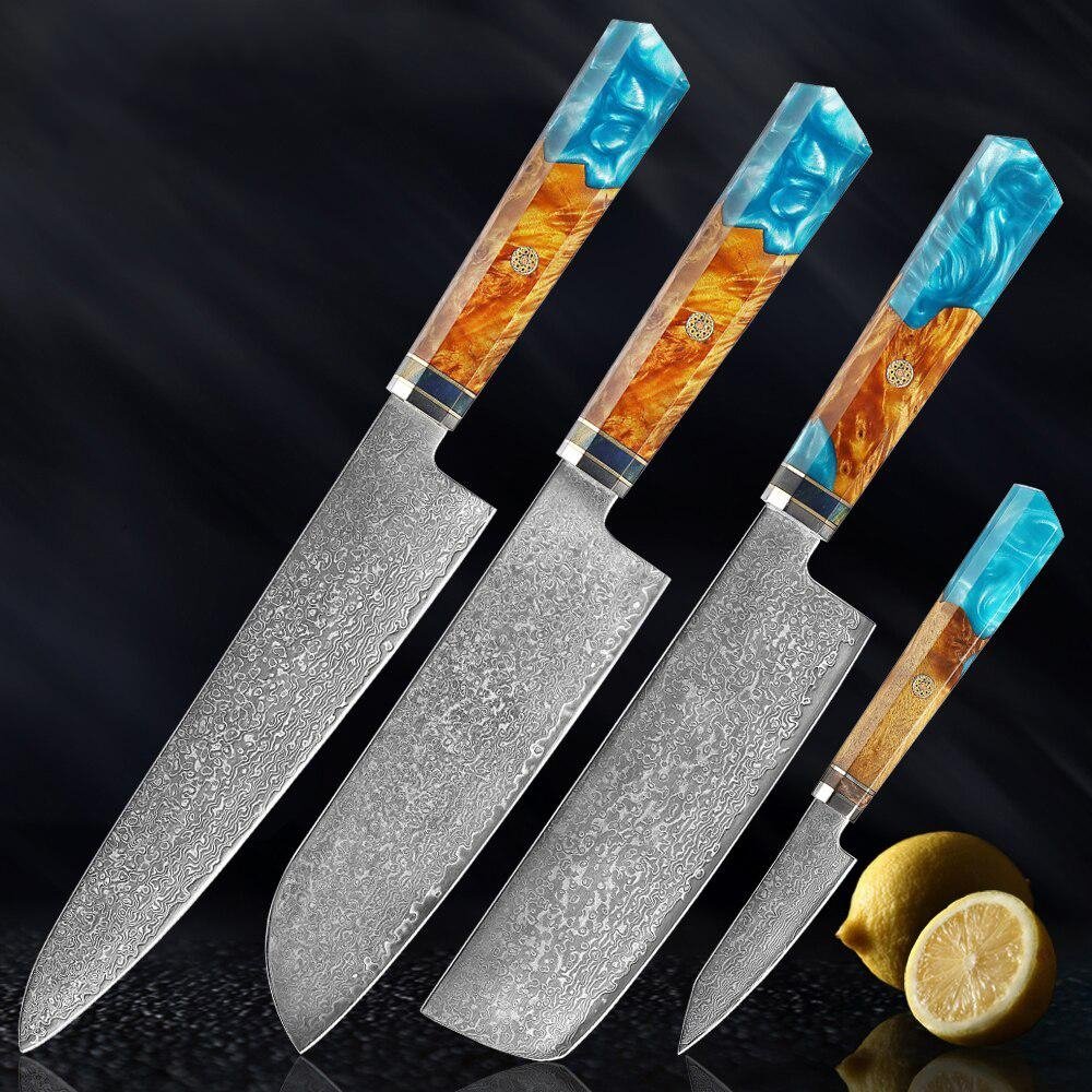 Стальные ножи Makito Damascus с цветной синей смоляной ручкой