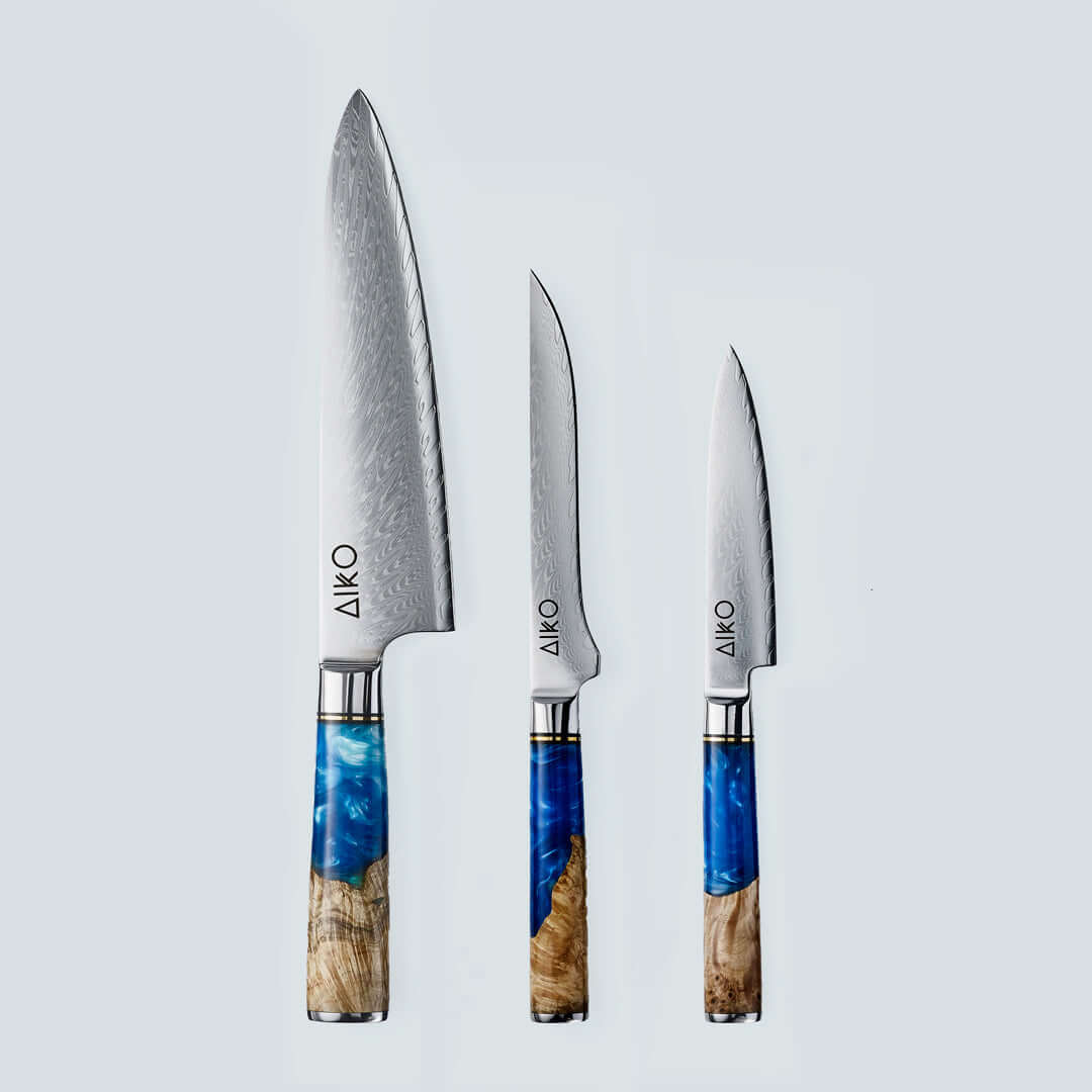 Aiko Blue (あいこ, アイコ) Стальной нож Damascus с цветной синей смоляной ручкой