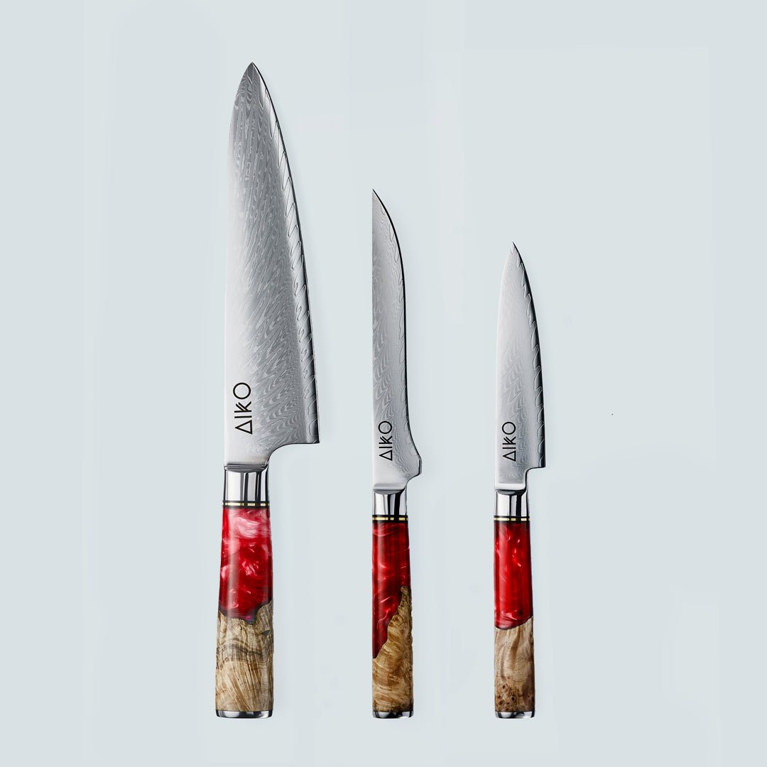 Aiko red (あいこ, アイコ) стальной нож Damascus с цветной ручкой из красной смолы