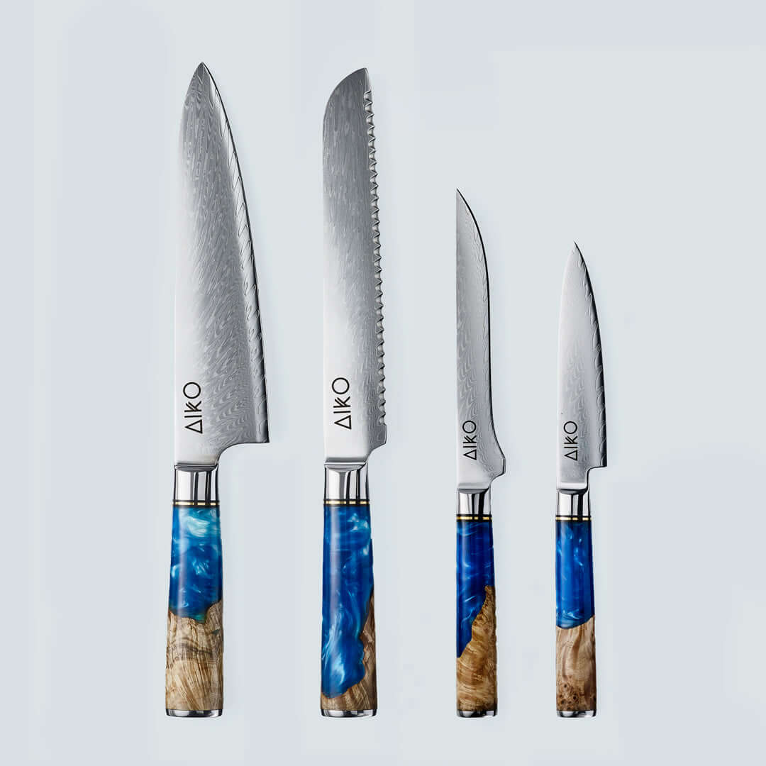 Aiko Blue (あいこ, アイコ) Стальной нож Damascus с цветной синей смоляной ручкой