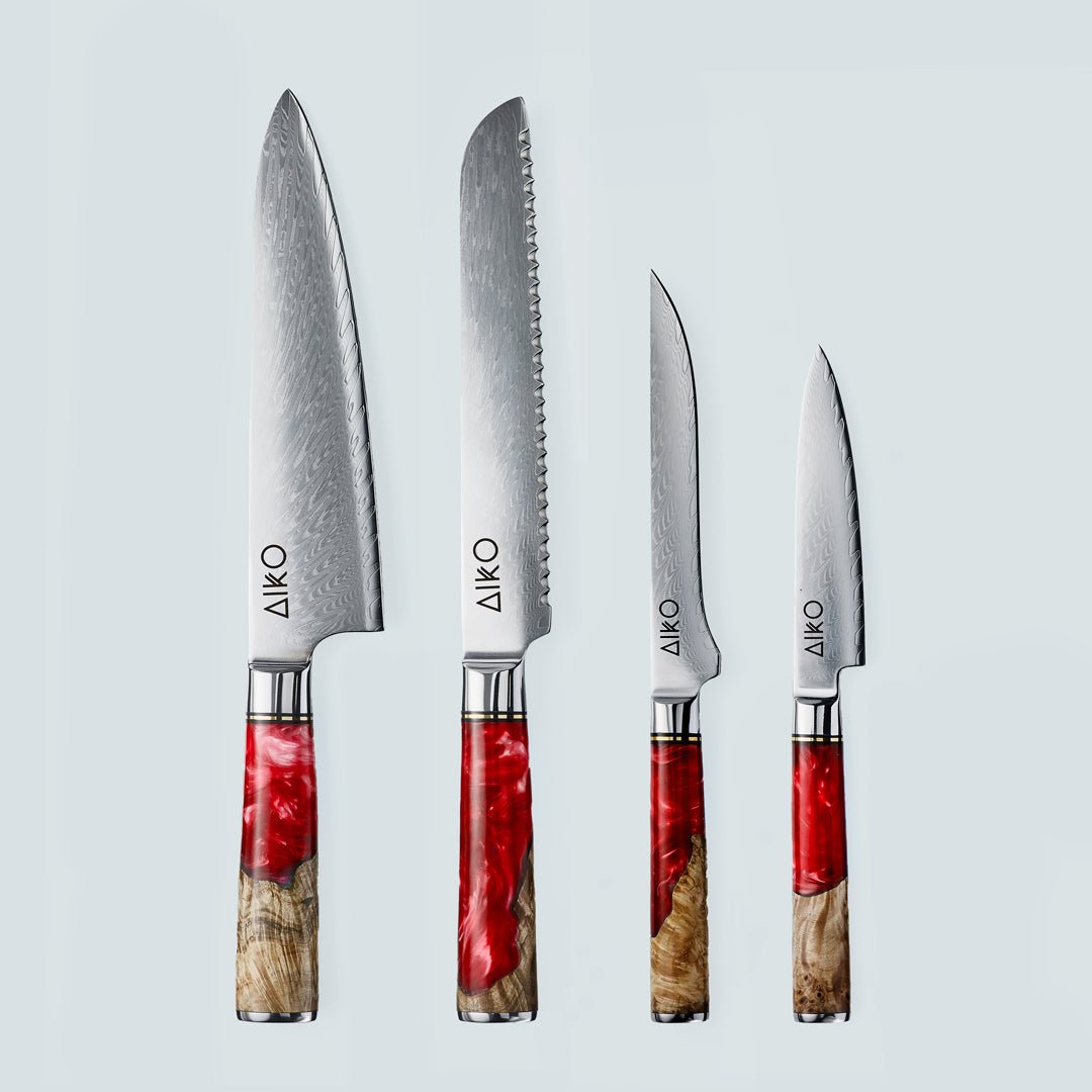Aiko red (あいこ, アイコ) стальной нож Damascus с цветной ручкой из красной смолы