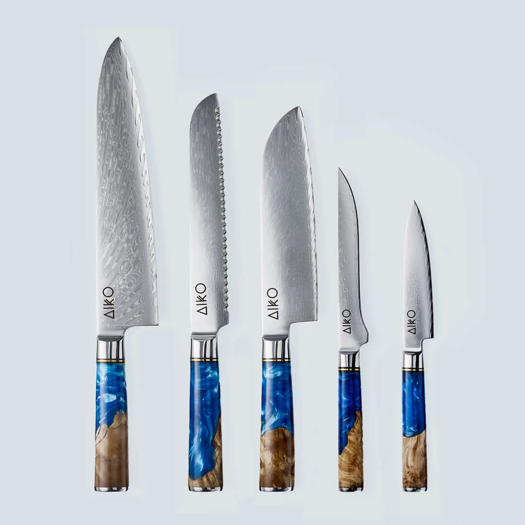 Aiko Blue (あいこ, アイコ) Стальной нож Damascus с цветной синей смоляной ручкой