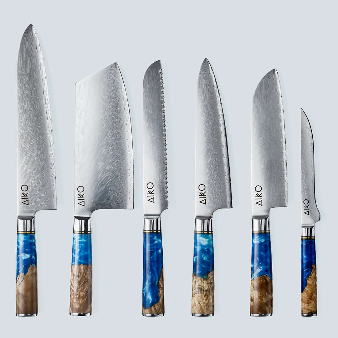 Aiko Blue (あいこ, アイコ) Стальной нож Damascus с цветной синей смоляной ручкой