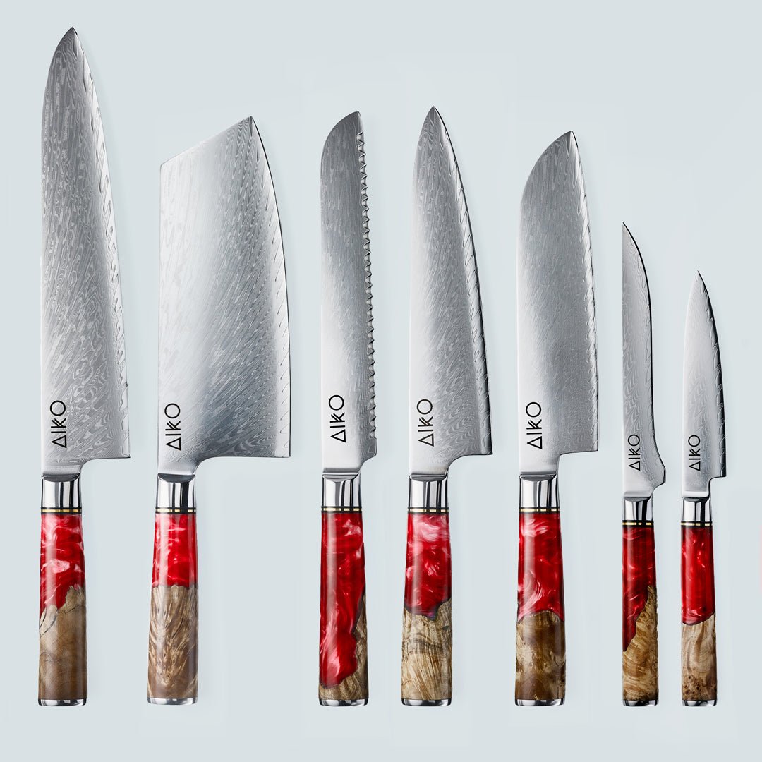 Aiko red (あいこ, アイコ) стальной нож Damascus с цветной ручкой из красной смолы