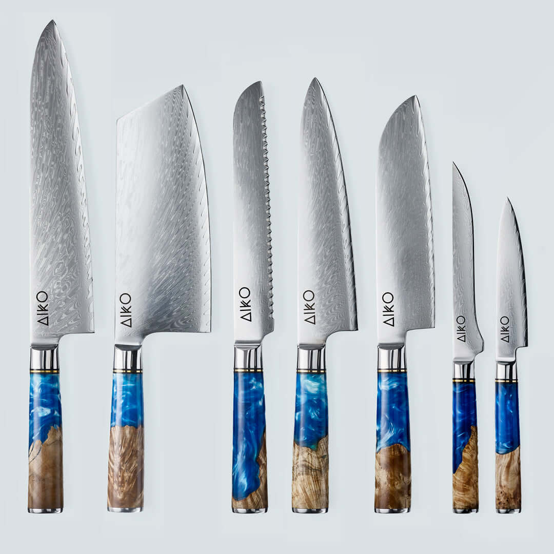 Aiko Blue (あいこ, アイコ) Стальной нож Damascus с цветной синей смоляной ручкой