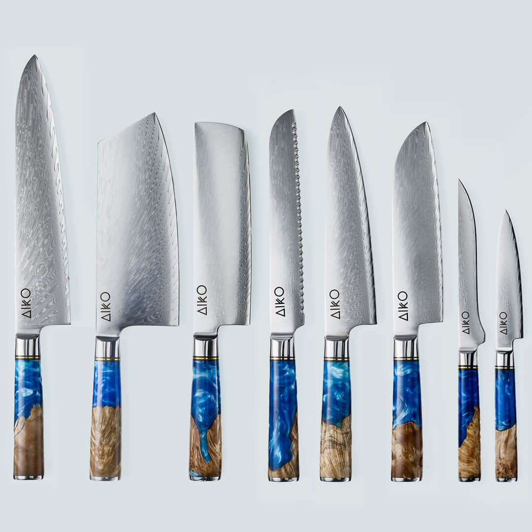 Aiko Blue (あいこ, アイコ) Стальной нож Damascus с цветной синей смоляной ручкой