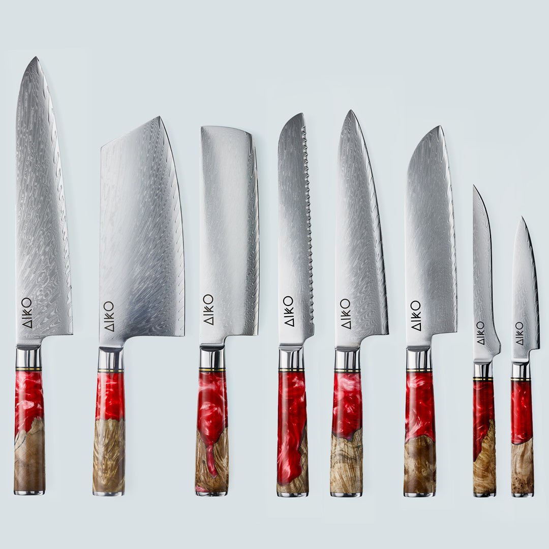 Aiko red (あいこ, アイコ) стальной нож Damascus с цветной ручкой из красной смолы