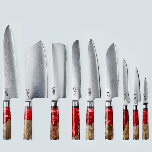Aiko red (あいこ, アイコ) стальной нож Damascus с цветной ручкой из красной смолы