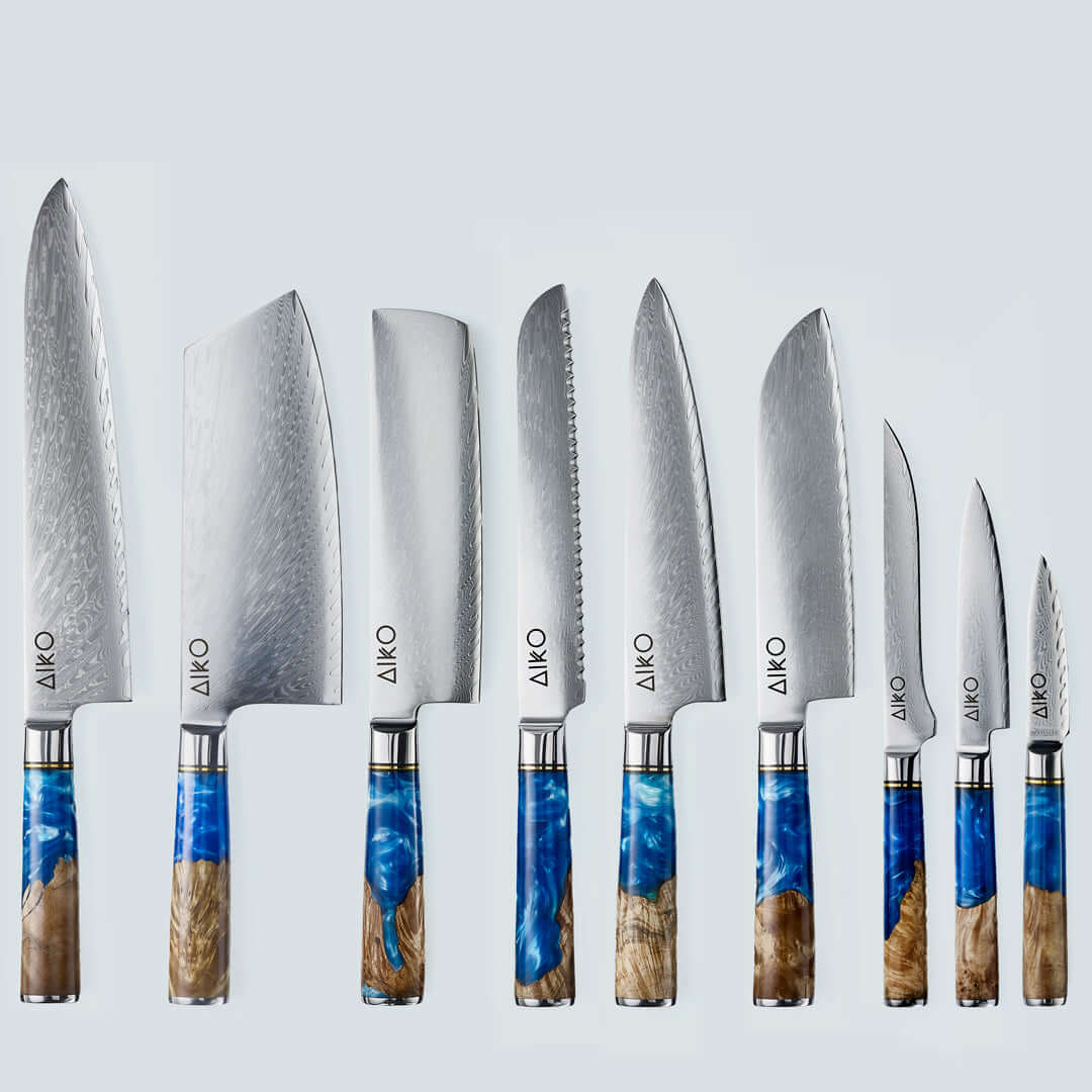Aiko Blue (あいこ, アイコ) Стальной нож Damascus с цветной синей смоляной ручкой