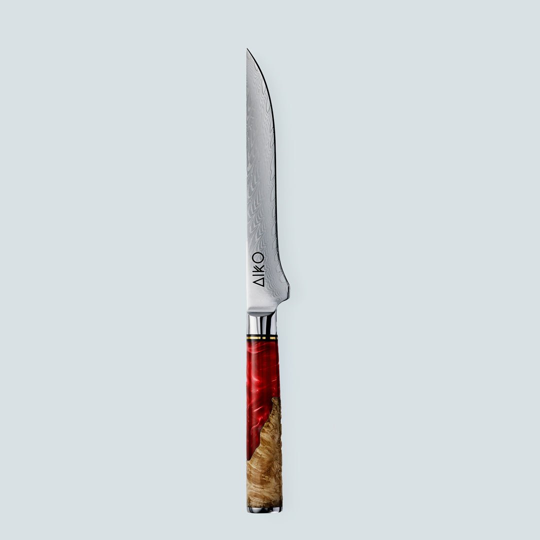 Aiko red (あいこ, アイコ) стальной нож Damascus с цветной ручкой из красной смолы