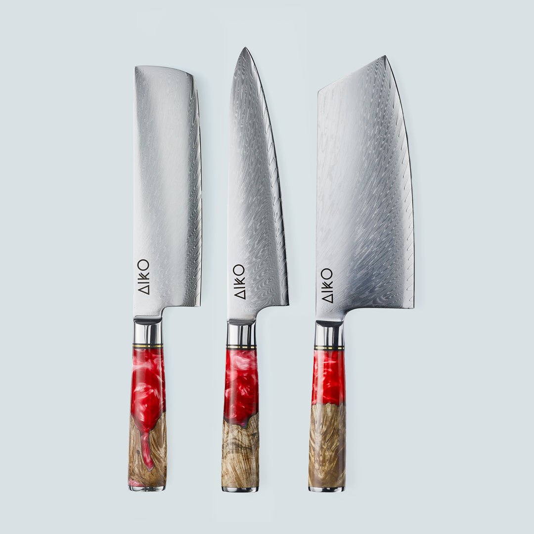 Aiko red (あいこ, アイコ) стальной нож Damascus с цветной ручкой из красной смолы