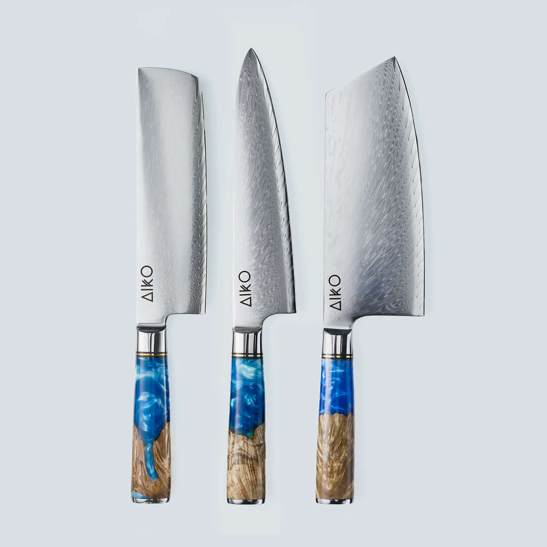 Aiko Blue (あいこ, アイコ) Стальной нож Damascus с цветной синей смоляной ручкой