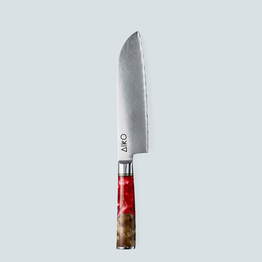 Aiko red (あいこ, アイコ) стальной нож Damascus с цветной ручкой из красной смолы