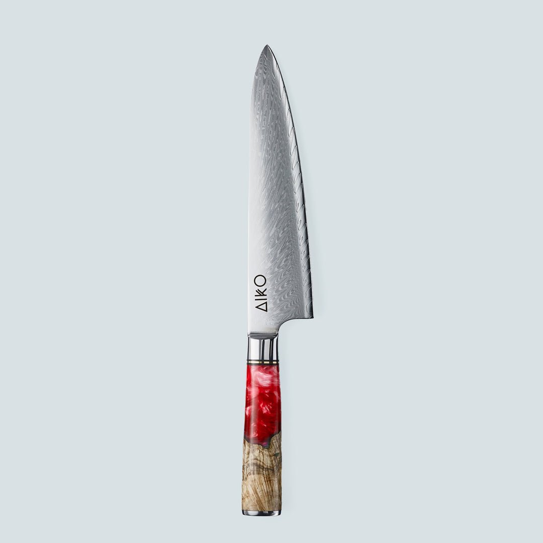 Aiko red (あいこ, アイコ) стальной нож Damascus с цветной ручкой из красной смолы