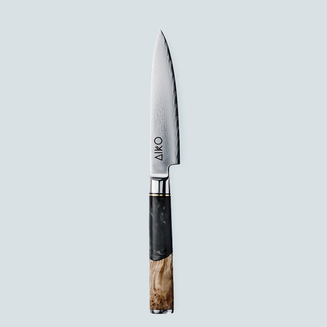 Aiko Black (あいこ, アイコ) Стальный нож Damascus с цветной черной ручкой смолы