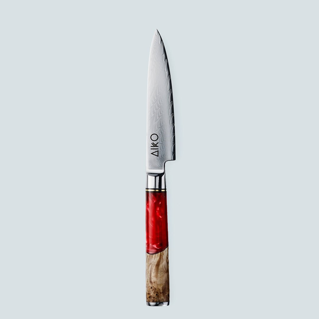 Aiko red (あいこ, アイコ) стальной нож Damascus с цветной ручкой из красной смолы