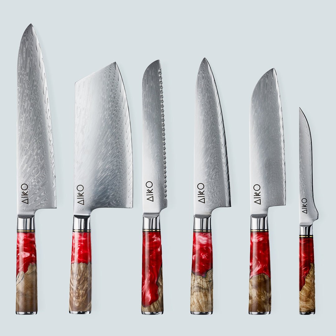 Aiko red (あいこ, アイコ) стальной нож Damascus с цветной ручкой из красной смолы