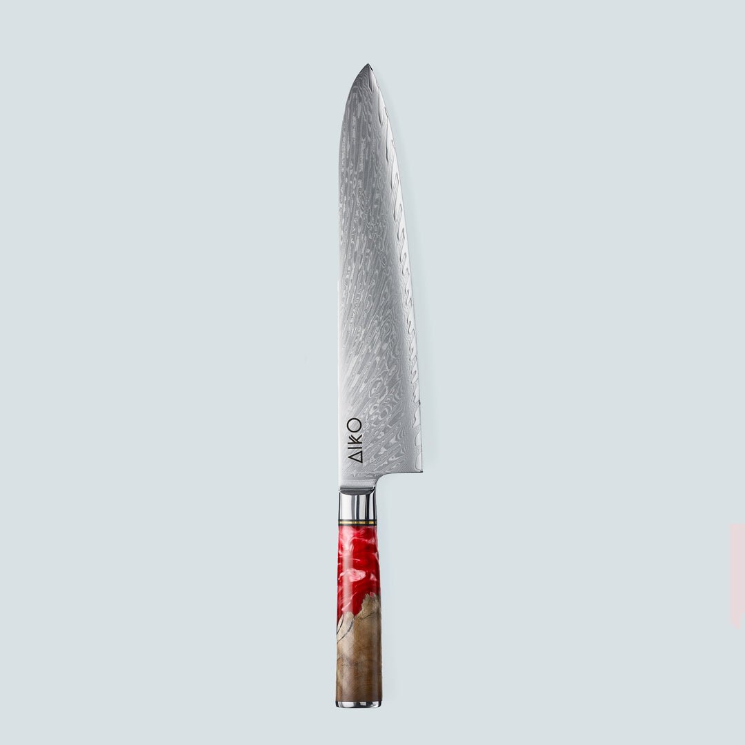 Aiko red (あいこ, アイコ) стальной нож Damascus с цветной ручкой из красной смолы