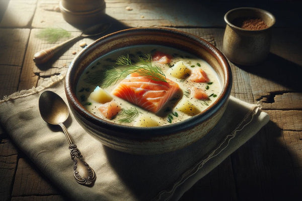Бархатный лосось суп, наполненный укропом и картофелем