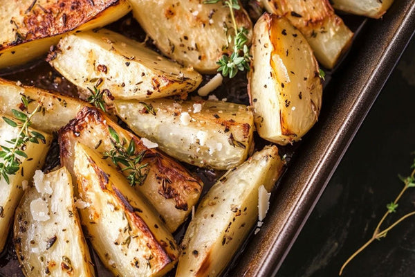 Roasted Kohlrabi Wedges with Garlic, Thyme & Parmesan