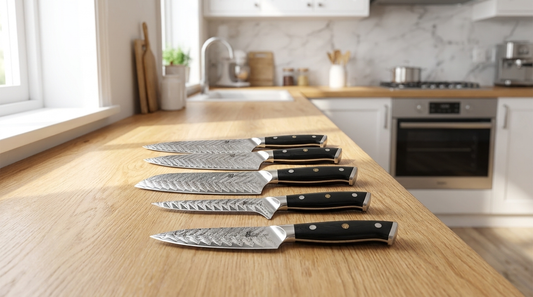 A selection of affordable Japanese Damascus kitchen knives laid out on a light-oak worktop in a bright kitchen
