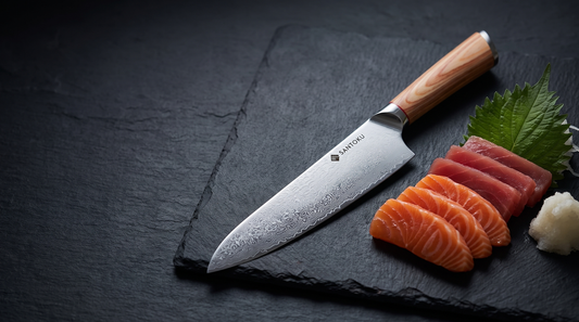 A Damascus gyuto knife on a slate board beside evenly cut slices of raw salmon and tuna with shiso and grated daikon