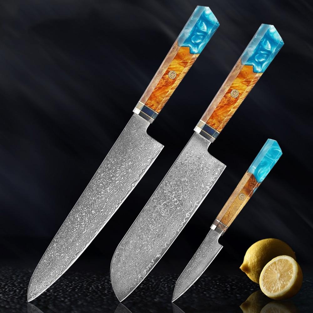 Стальные ножи Makito Damascus с цветной синей смоляной ручкой