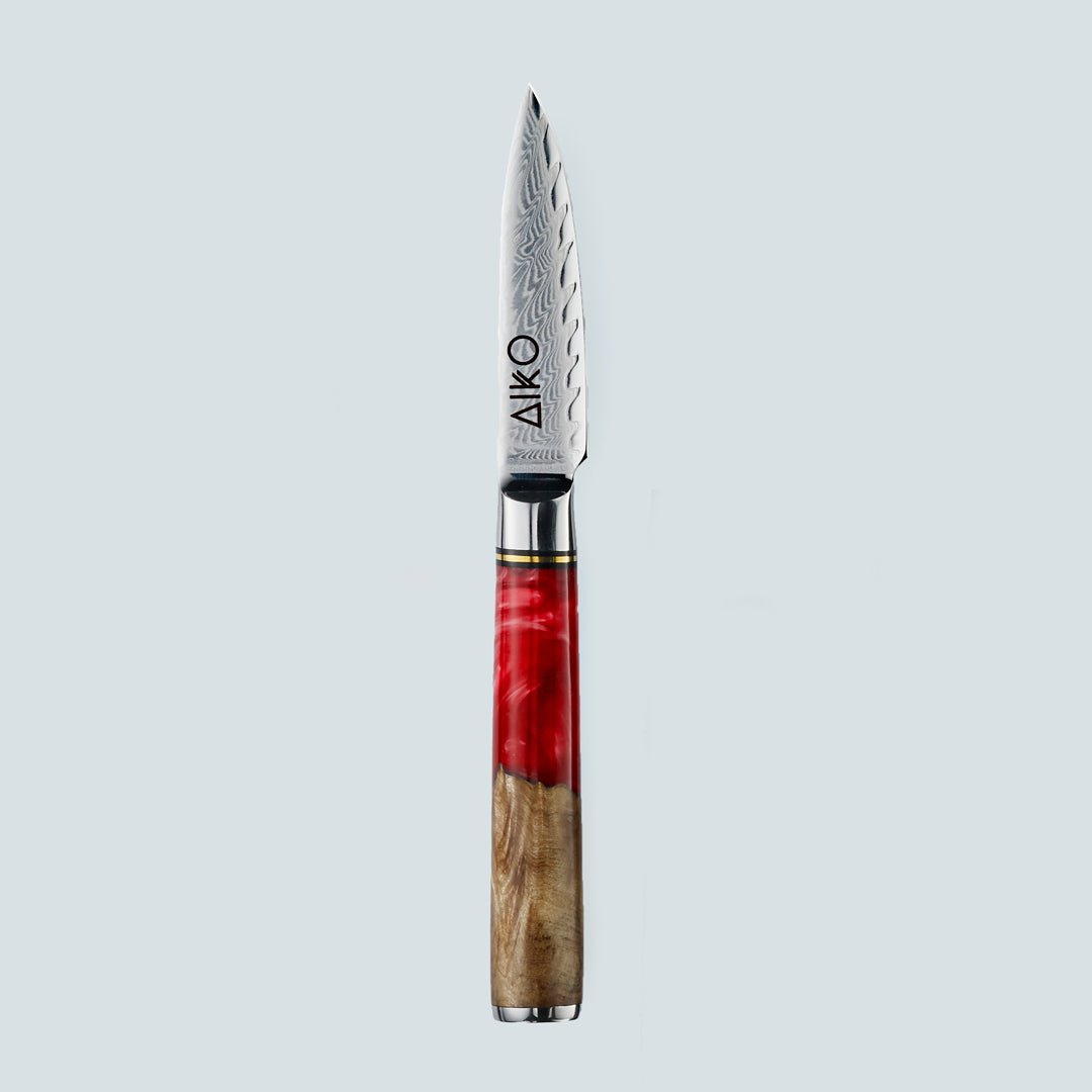 Aiko red (あいこ, アイコ) стальной нож Damascus с цветной ручкой из красной смолы