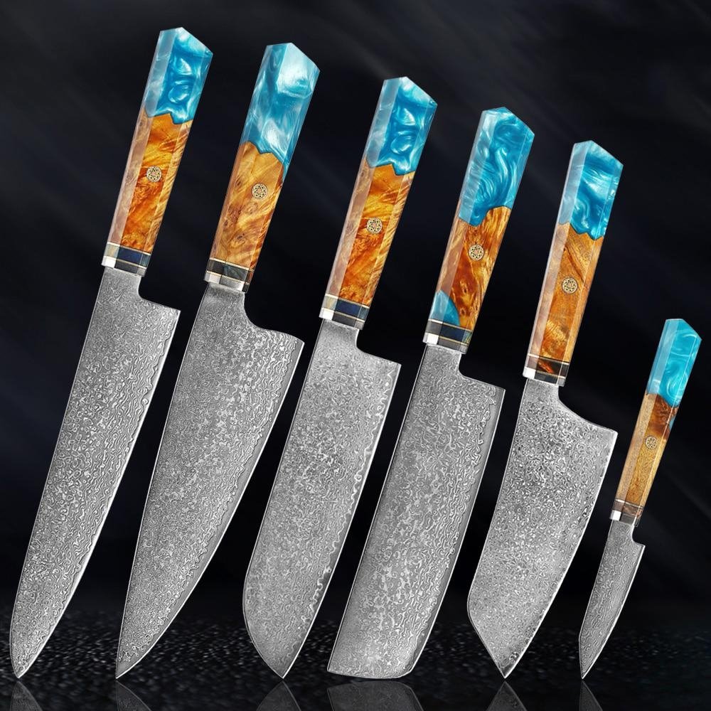 Стальные ножи Makito Damascus с цветной синей смоляной ручкой