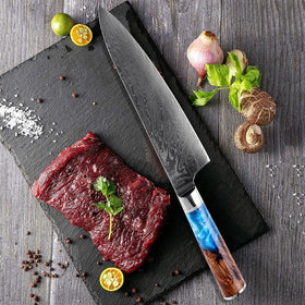 Нож Gyuto из дамасской стали с ручкой из цветной синей смолы