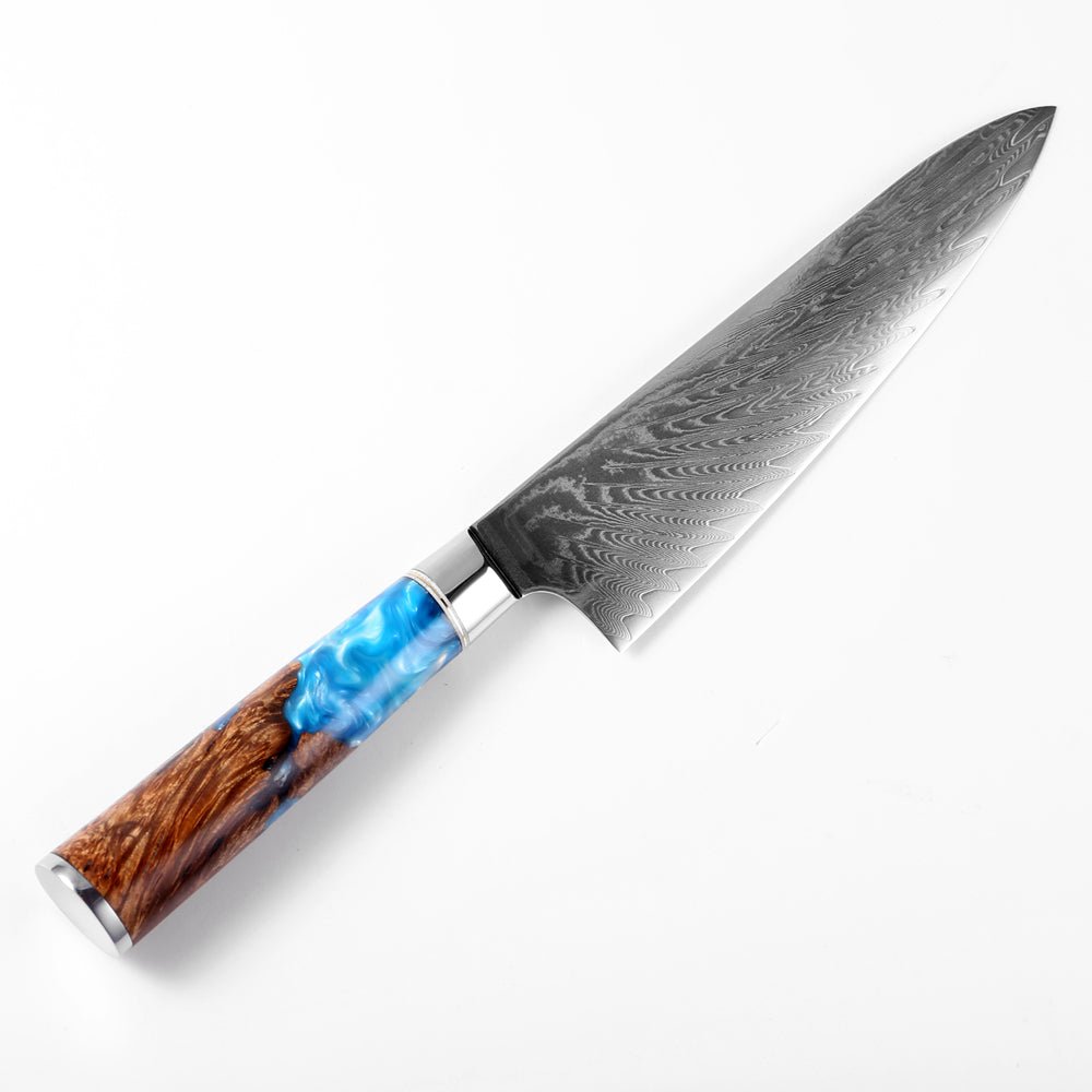 Gyuto (牛刀) Стальный нож Damascus с цветной синей смоляной ручкой