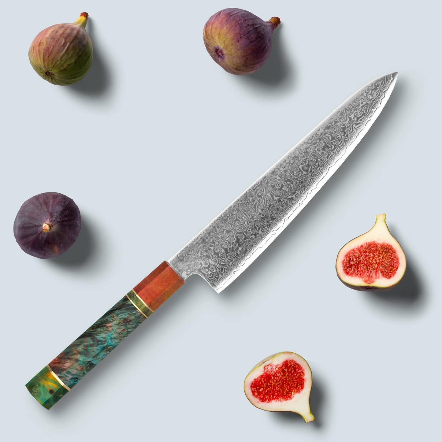 Ichika (いち か か か) Стальный нож Дамаска с цветной восьмиугольной ручкой