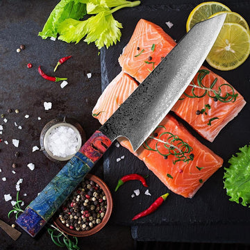 Kiritsuke (きりつけ) Стальный нож Damascus с цветной черной ручкой